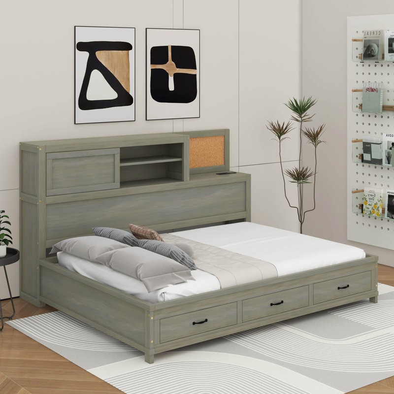 Full Size Wooden Daybed With 3 Storage Drawers, Upper Soft Board, Shelf, And A Set Of Sockets And USB Ports, Gray