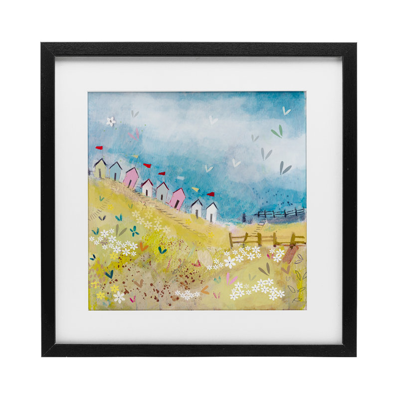 Beach Huts on Hillside, reproduction encadrée sous verre, conception de Clare Tupper, H 13 po x l 13 po, Cadre noir minuit
