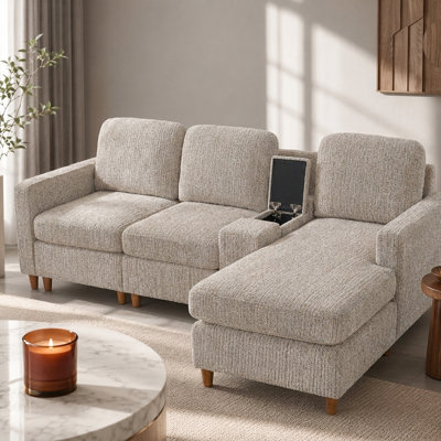 Modern Upholstered Sectional Sofa - Reversible Chaise with Storage Console for Living Spaces