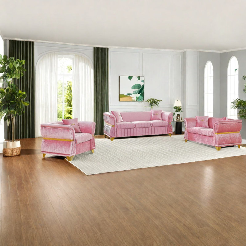 Ensemble de canapés modernes, garniture en métal doré velours rose, sièges spacieux pour la maison