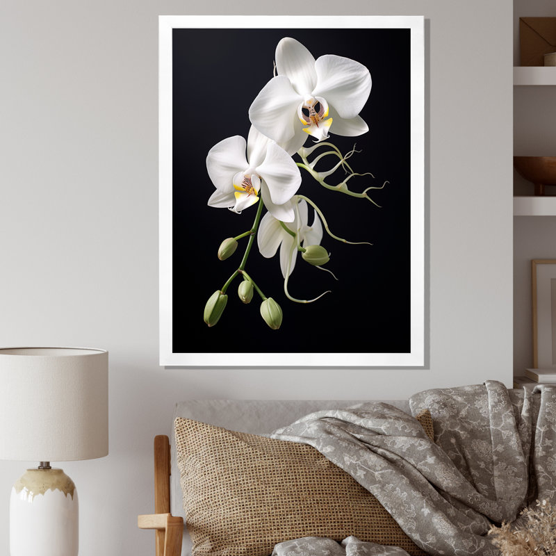 Orchidée délicate noire et blanche - décoration murale orchidée, H 20 po x l 12 po x P 1 po, Cadre simple blanc