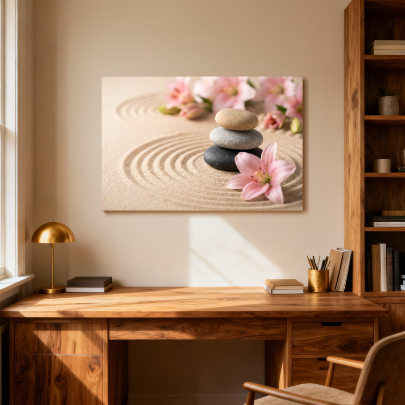 Pierres de jardin tendance zen et fleurs roses, H 20 po x l 30 po
