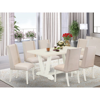 7-Pc a fantastic Linen White (Off-White) rectangular table top and 6 Cream Color Dining chairs with Nail heads and a high Stylish Chair Back, Wire Brushed Linen White