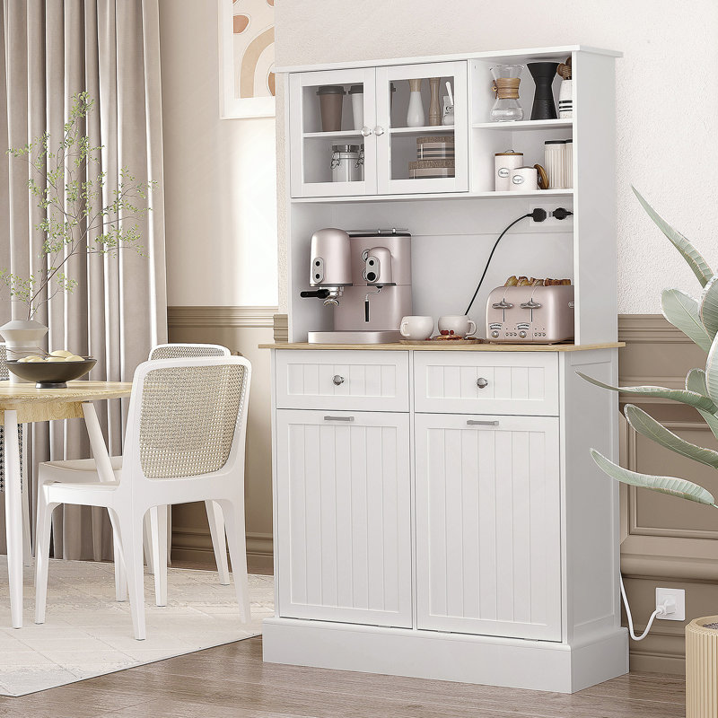 Armoire de cuisine autoportante avec station de charge, armoires à ordures inclinables et tablettes réglables pour des solutions de rangement modernes