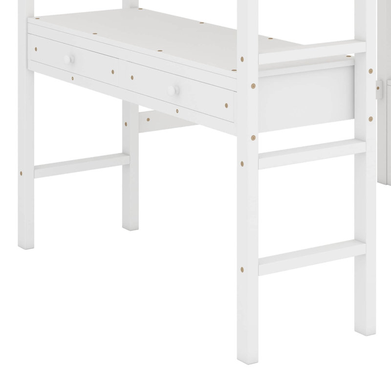 Lit mezzanine double avec bureau, tablettes et tiroirs de rangement