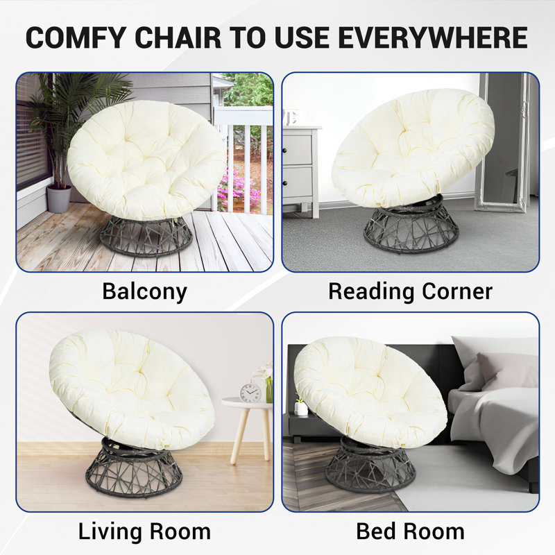Oversized Wicker Papasan Accent Chair with Swivel Base and Extra Thick Cushion for Ultimate Comfort, Cream Linen