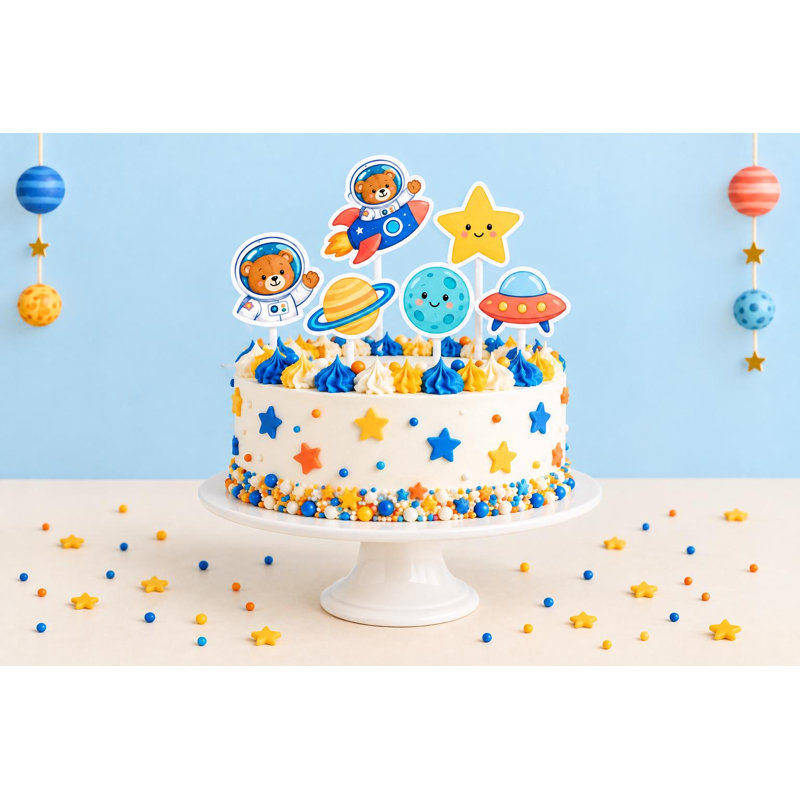 Astronaut Teddy Bear Cake Decorations, Baby Shower Space Toppers, Rocket Star Planet Picks