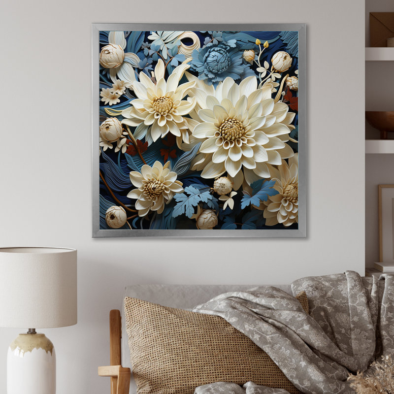 «Graceful Mums» en noir et bleu pâle, impression sur toile, H 36 po x l 36 po x P 1,5 po, Cadre simple argenté