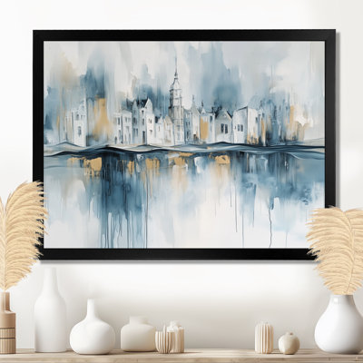 Ville du canal brumeux - Tableau encadré sur toile représentant un paysage urbain bleu