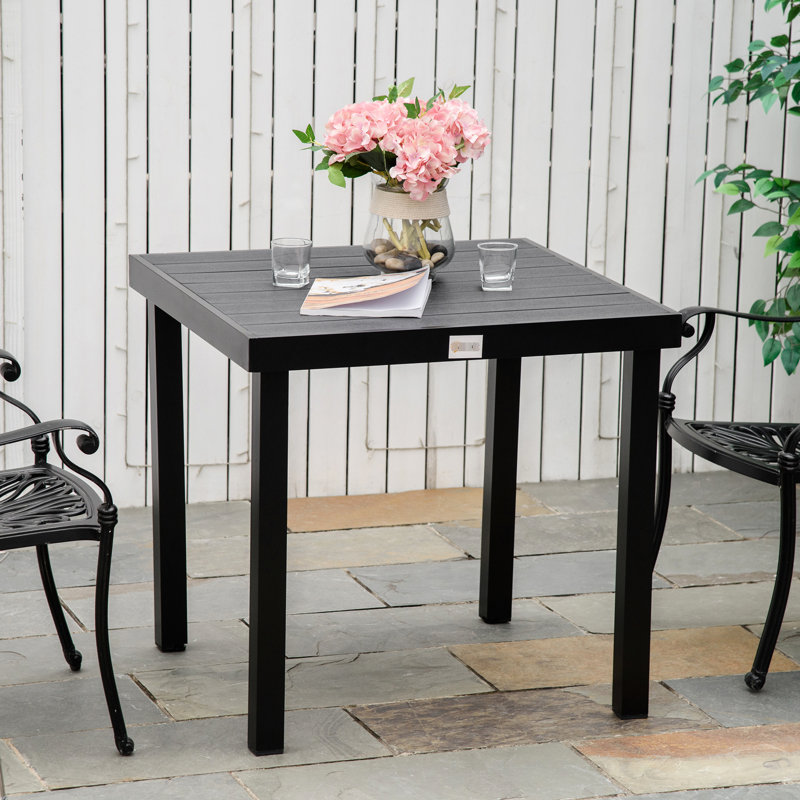 Table de salle à manger carrée pour l'extérieur pour 4 personnes - grain de bois imperméable, pieds de jardin en aluminium robustes, noir, imperméable
