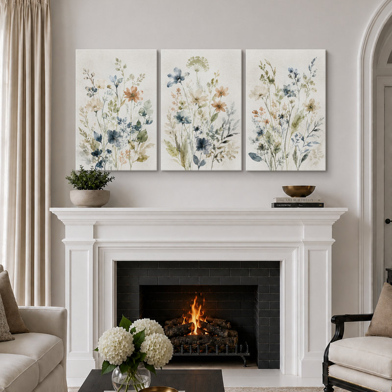 Douce fleur sauvage, art de chambre à coucher, impression sur toile encadrée, 3 pièces, 24" H x 48" W x 1.5" D