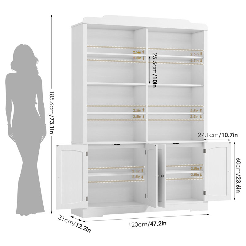 Ariel 73.1"H Bookcase With Cabinets, Freestanding Cabinet With Adjustable Shelves, Wood Storage Standard Bookshelves, White