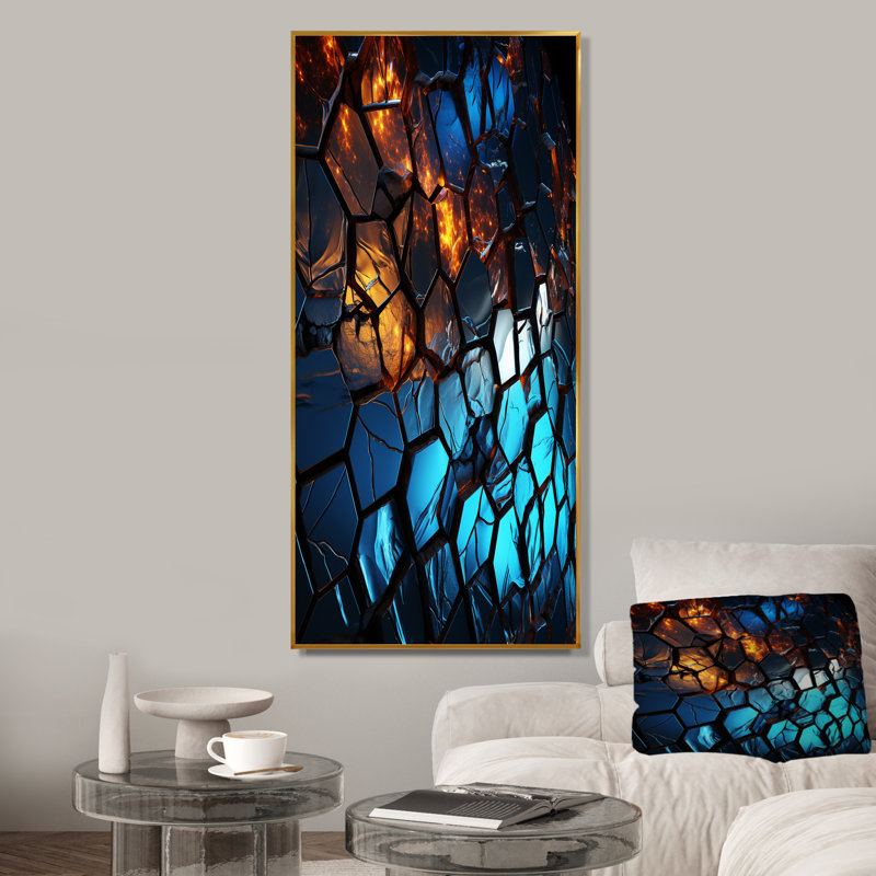 "Mosaïque fractale bleue et jaune III", Cadre flottant doré, 32" H x 24" W