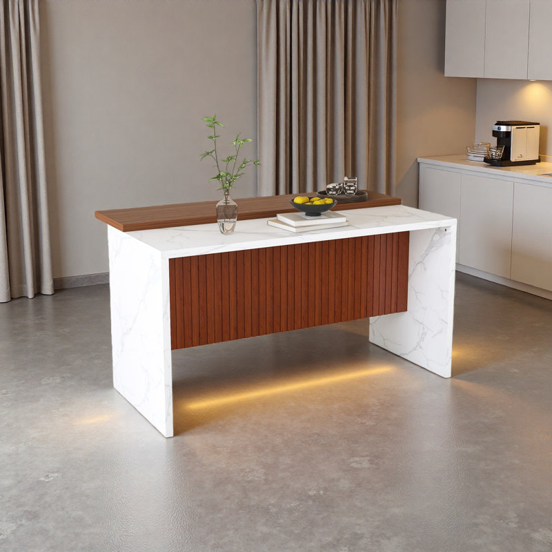 63" Modern Kitchen Island With Marble-Look Surface, LED Lights & Grille Design For Dining Room, Living Room, White