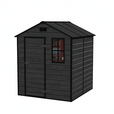 Remise de rangement en résine Campcraft 6 * 6pi, matériau en PP de haute qualité, structure solide, imperméable, résistante à la rouille et aux rayons UV, grand espace de rangement, panneau en PP de 12 mm d'épaisseur, éclairage de fenêtre HD couleur grain de bois noir