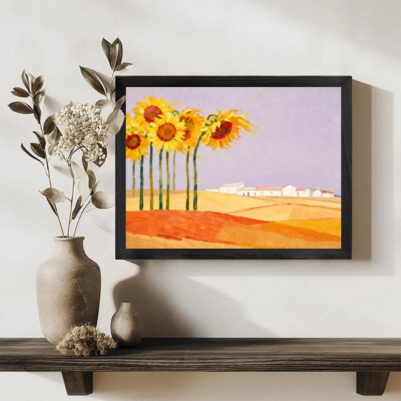 Reproduction d'art encadré noir, tournesols dorés dans le désert, style néo-impressionniste, H 11 po x l 9 po
