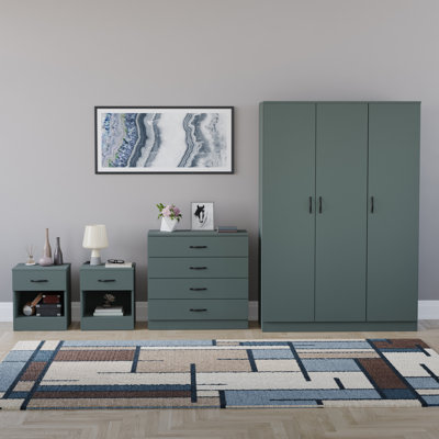 Tayce 4 Piece Bedroom Set (1 Drawer Bedside Chest X2, 4 Drawer Chest, 3 Door Wardrobe)
