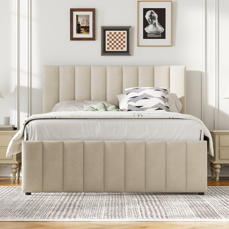 Lit plateforme tapissier avec gigogne et 3 tiroirs, Beige