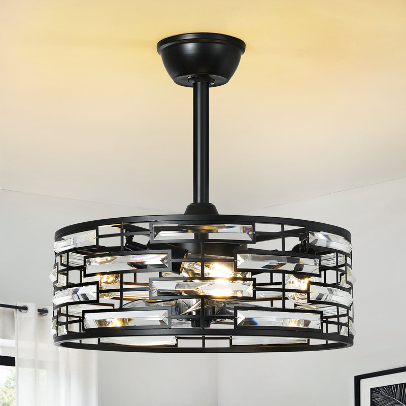 19" Modern Caged Crystal Ceiling Fan With Light Kit And Remote Control