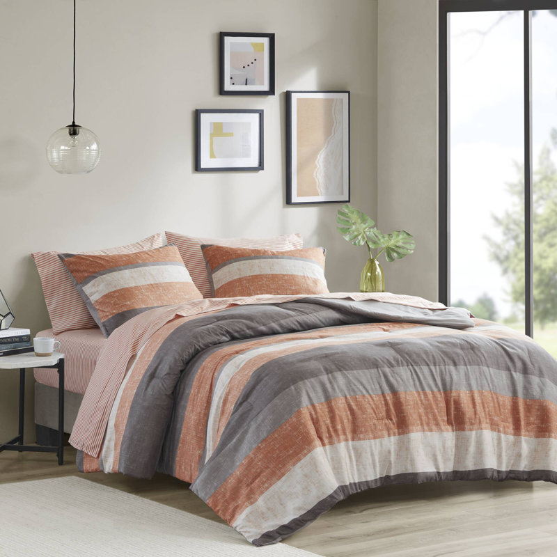 Jaxon Comforter Set with Bed Sheets, Queen Comforter + 6 Additional Pieces, Coral/Gray