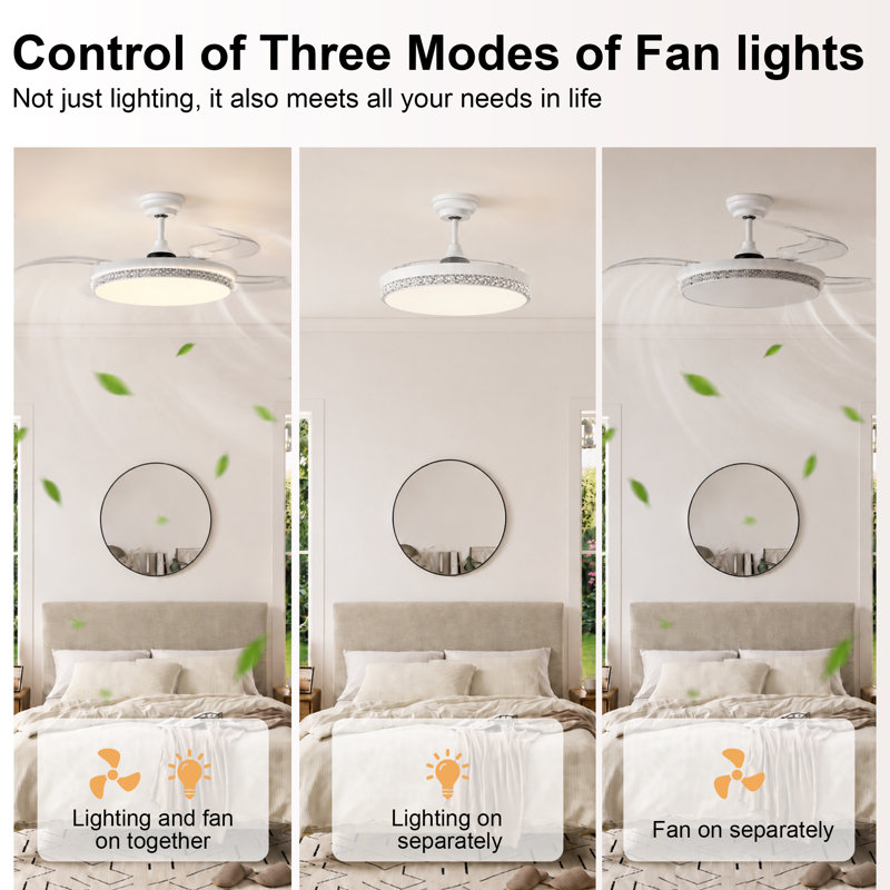 44" Bedroom Ceiling Fan with Light, Retractable Blade High Airflow Low Noise 6-Speed Reversible DC Motor, 3 CCT & Dimmable LED ﻿