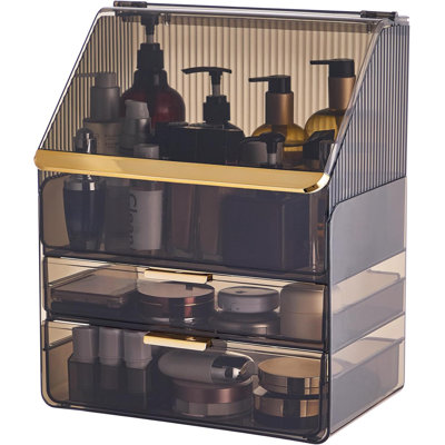 Large Acrylic Cosmetic Organizer With Flip Lid And Drawers, Dustproof Waterproof Makeup Storage For Skincare Lipstick Brushes, Countertop Vanity Display Case