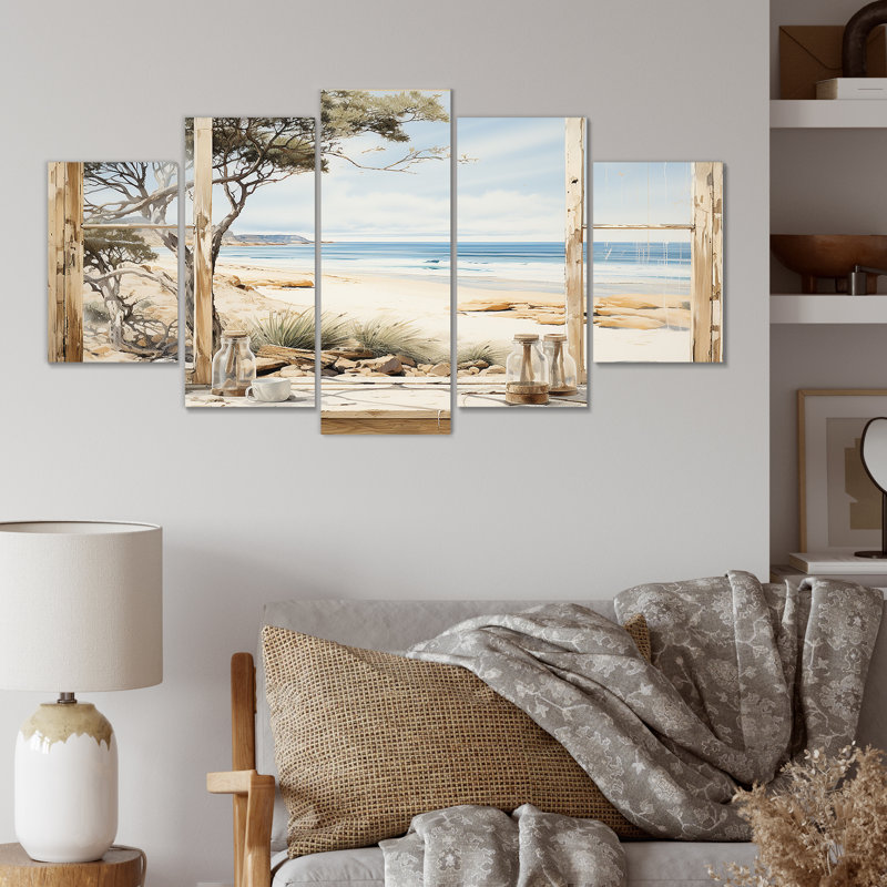 «Beachside Cottage Charm I - Coastal Windows Multipanel», ensemble d'art mural