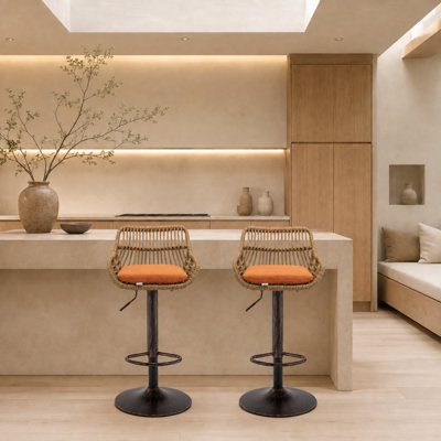 Modern Rattan Swivel Bar Stools Set of 2, Adjustable Counter Height Chairs with Footrest for Kitchen Island & Home Bar