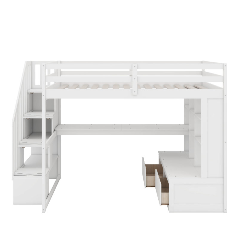 Lit mezzanine double avec bureau intégré et 2 tiroirs, lit en bois avec escalier de rangement et tablettes, Blanc