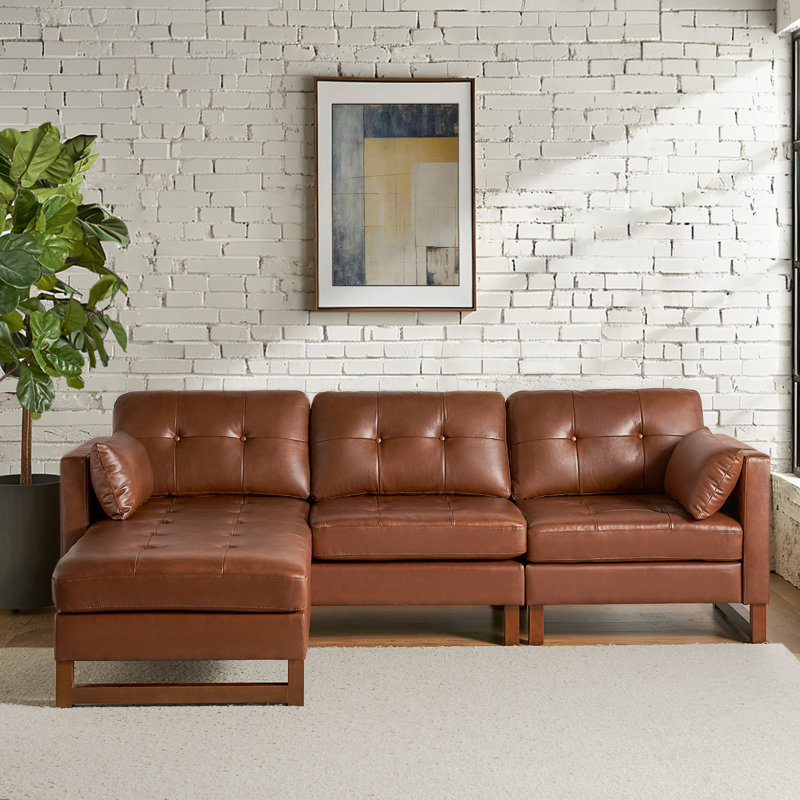 Canapé modulaire en cuir véritable 100,5 po Neven, Cuir véritable brun