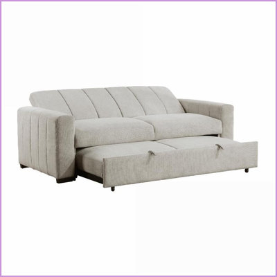 Transitional 3-Person Convertible Sofa Sleeper with Pull-Out Bed – Light Gray Textured Polyester | Light Gray | Solid Wood | Polyester