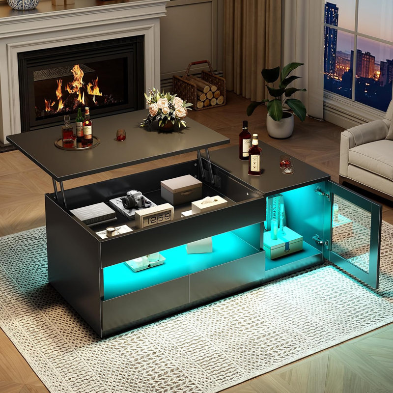 Table basse à plateau relevable 39,4 "avec 2 tiroirs, tables basses modernes à DEL, Noir, Noir