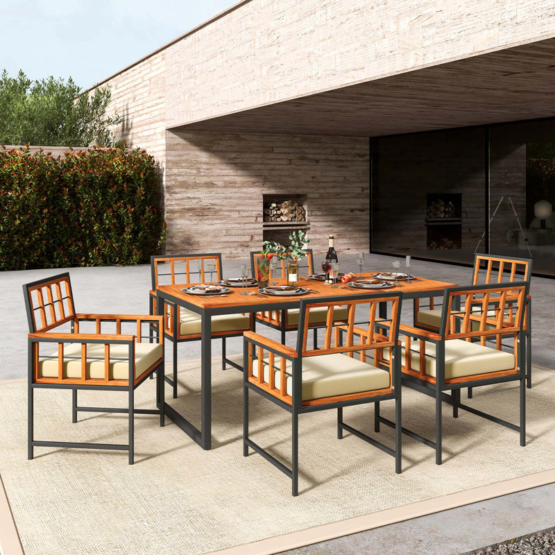 Ensemble repas pour 6 personnes avec table rectangulaire en bois, coussins inclus