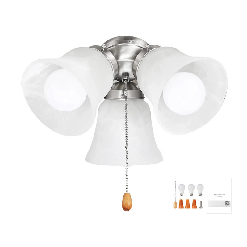 Ensemble de ventilateur de plafond 10,28 "x 6,97", ensemble de lumière de ventilateur à trois lumières 3000k 750lm avec chaîne de traction, luminaire de remplacement pour le salon, la salle à manger, le verre blanc nuage et la finition nickel brossé