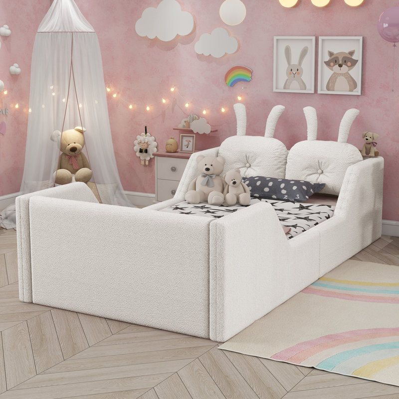 Upholstered Platform Bed with Rabbit Cushion, White