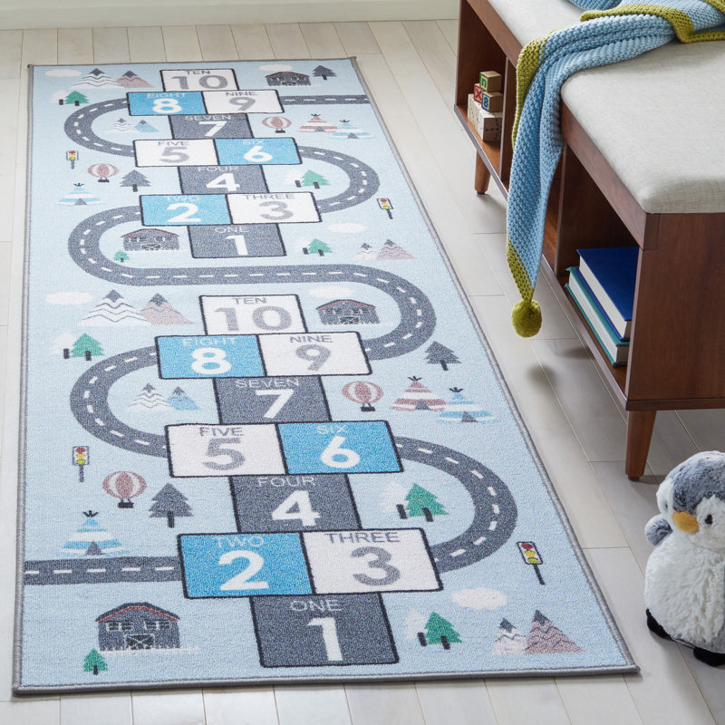 Tapis gris / bleu en polyamide tissé à la machine Haviland, Tapis de couloir 2 pi 2 po x 8 pi