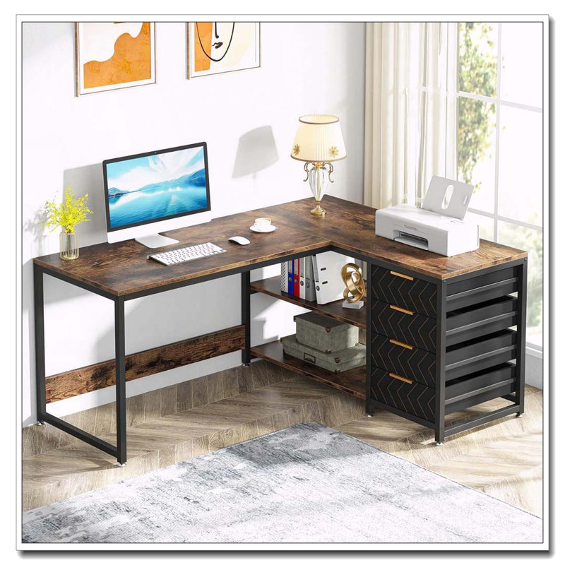 Bureau d'ordinateur en L avec tablettes et tablettes de rangement réversibles, Brun / Noir