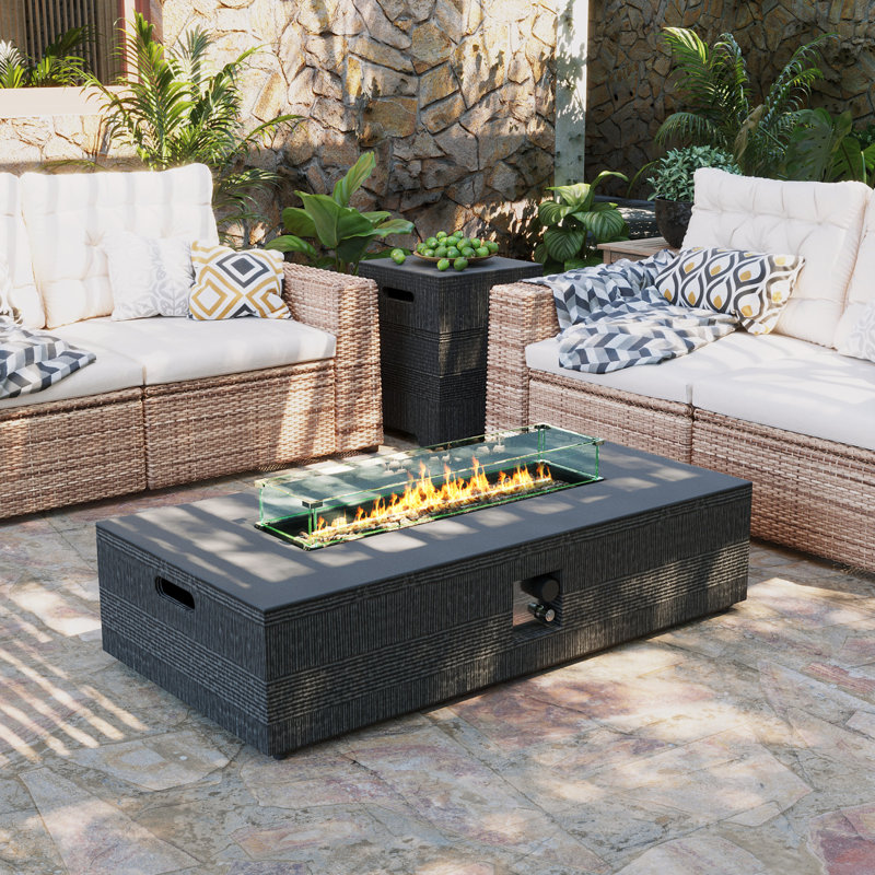 56 in. Rectangular Magnesium Oxide Outdoor Fire Pit Table with Tank Cover, Wind Guard and Rain Cover, Dark Gray