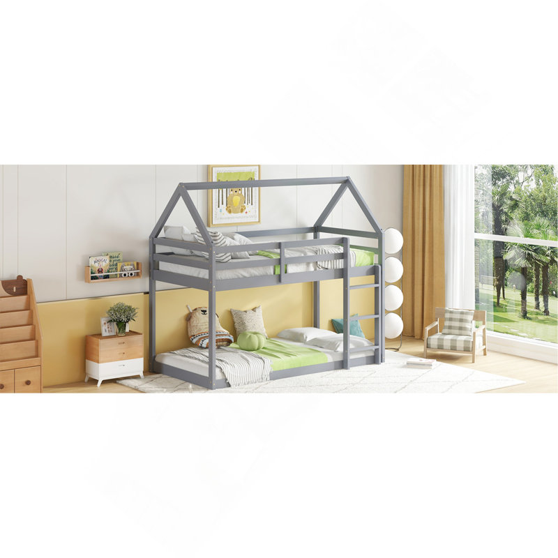 Lit superposé au-dessus d'un plancher en bois d'hévéa, avec échelle, garde-corps, lit superposé en forme de maison, Gris