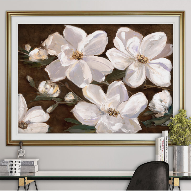 Fleurs blanches chocolat II - reproduction de cadre photo, Or, H 30 po x l 40 po x P 1,5 po