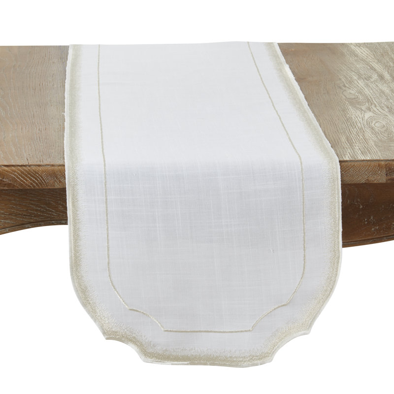 Elegant White and Beige Embroidered Polyester Table Runner, 16"x70"