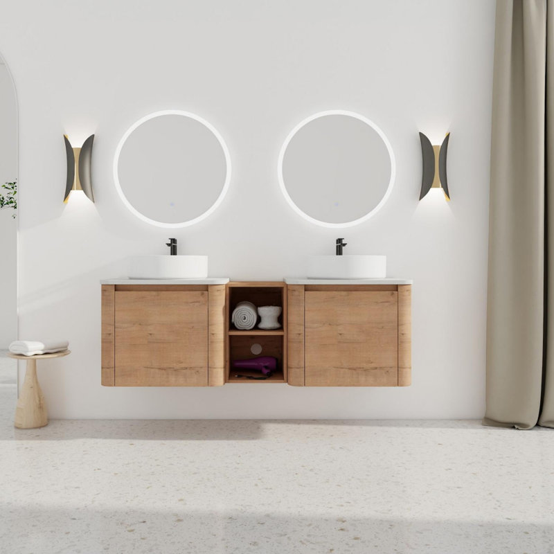 Meuble-lavabo mural avec lavabo d'art et tablettes de rangement, porte à fermeture en douceur, Blanc