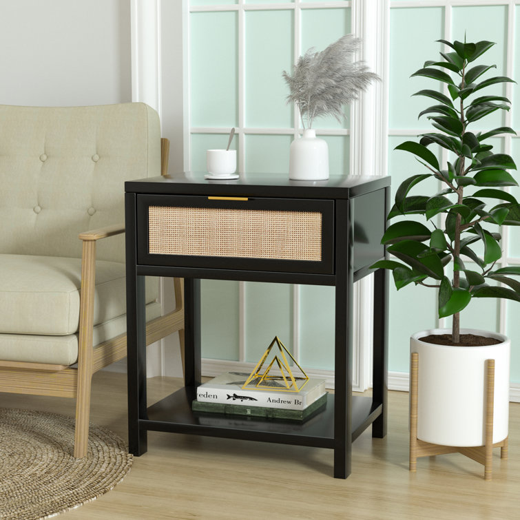 Wood Nightstand Mid-Century Modern End Table with Storage Drawer Rattan Bedside Table