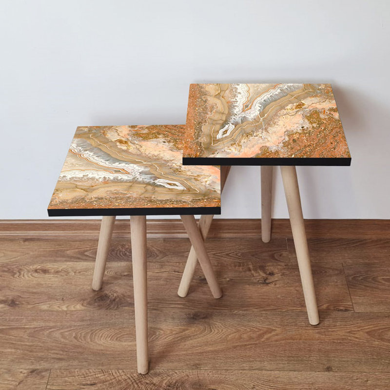Ensemble de 2 tables gigognes élégantes en marbre, saumon et beige / blanc, 13,8 po x 18,5 po x 13,8 po et 13,8 po x 16,5 po x 13,8 po | 100% panneau de fibres à densité moyenne avec pieds en bois de hêtre, parfait pour le salon et les décors modernes