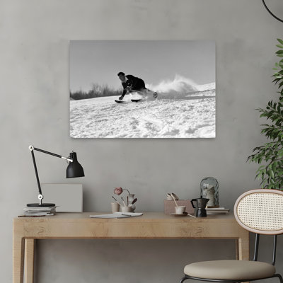 1940S Man Skiing Downhill Racing Fast Snow Flying Winter Outdoor Classic Retro Vintage Winter Landscape Art
