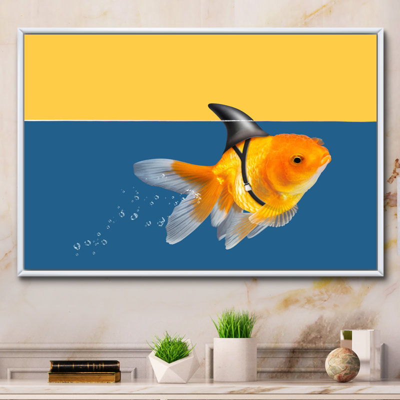 " Goldfish Shark Swimming ", 16" H x 32" W x 1" D, White Floater Frame