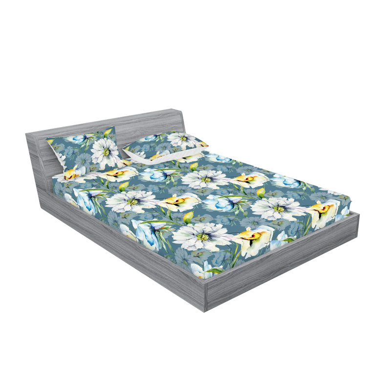 Drap-housse et taies décoratives 3 pièces Ambesonne, Ardoise, bleu-vert / floral