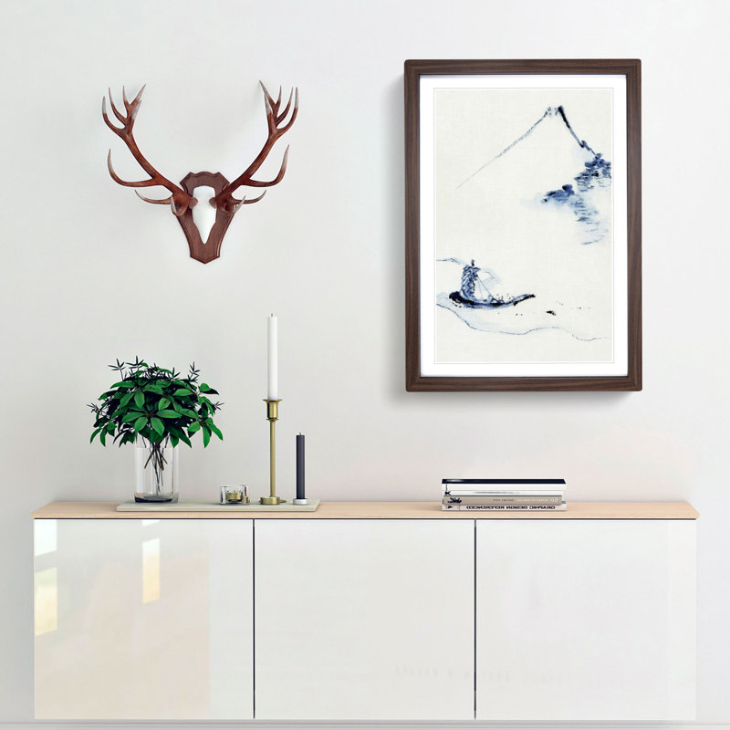 Boat on a River by Mount Fuji by Katsushika Hokusai - Picture Frame Painting Print, Walnut Framed, 48cm H x 36cm W x 2cm D