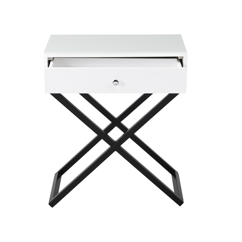 Table en bois blanche 23 po avec plateau en verre trempé, tiroir et base en métal avec pieds noirs