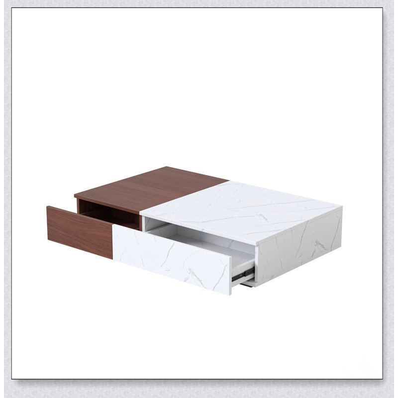 Table basse en noyer de style moderne avec deux espaces de rangement, finition en marbre et design contemporain pour des salons élégants.